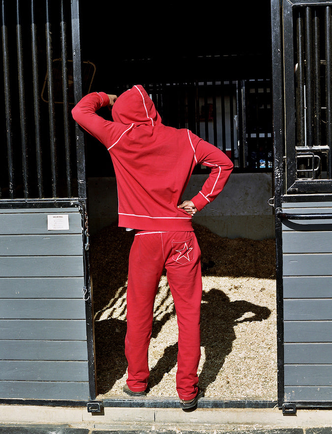 Red Zip Up with White Stitching