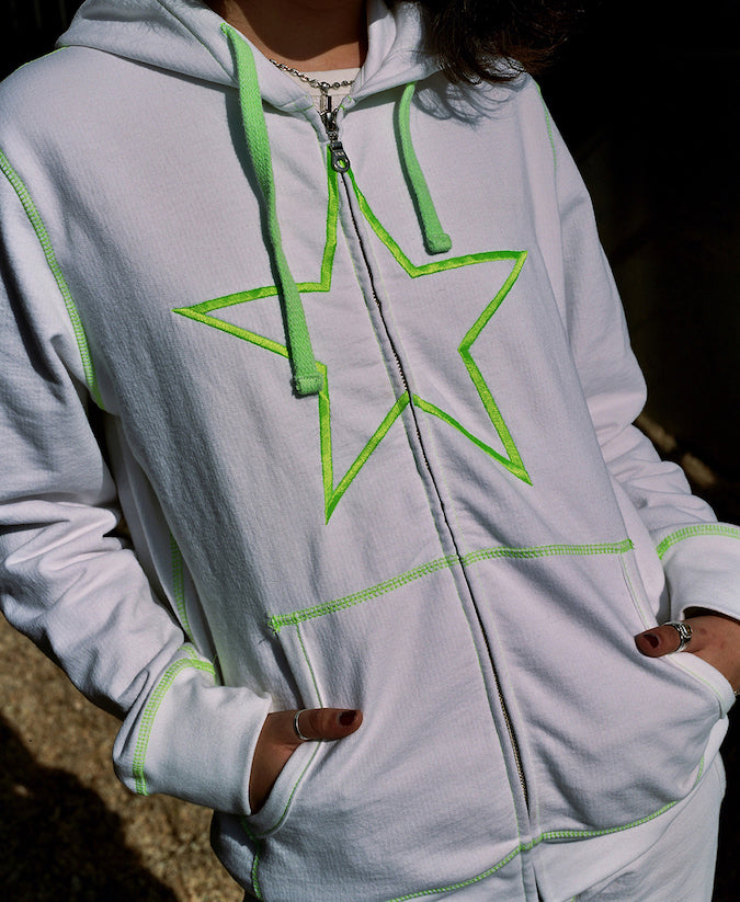 White Zip Up with Green Stitching