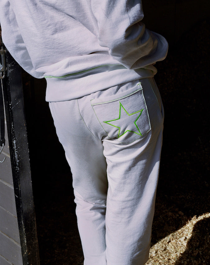 White Sweatpants with Green Stitching